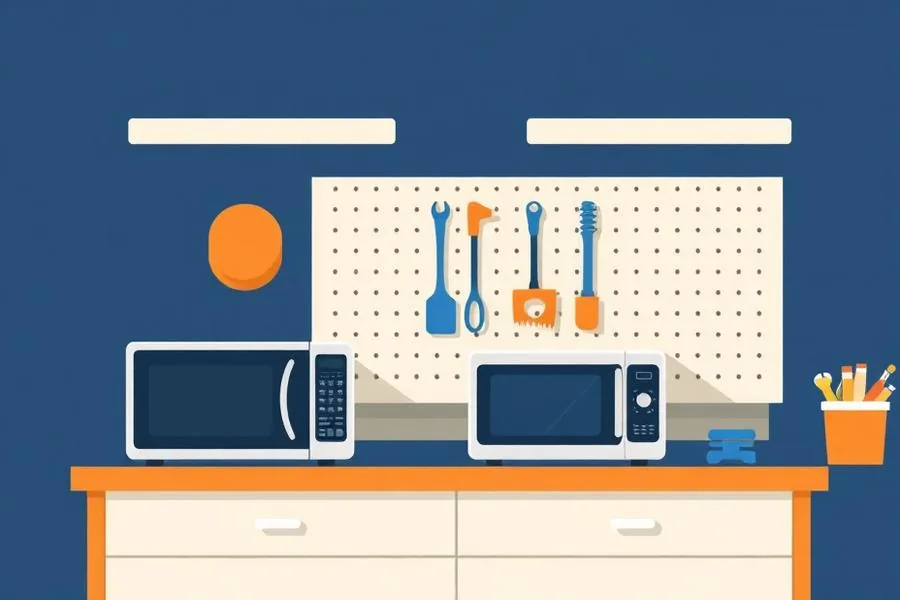 Illustration of microwave ovens on a service workbench